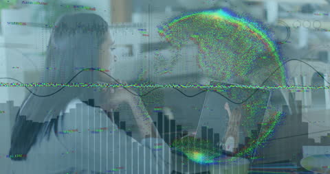 Businesswoman on Video Call with Abstract Data Graphics and Digital Globe