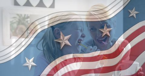 Mother and Daughter Brushing Teeth with American Flag Overlay