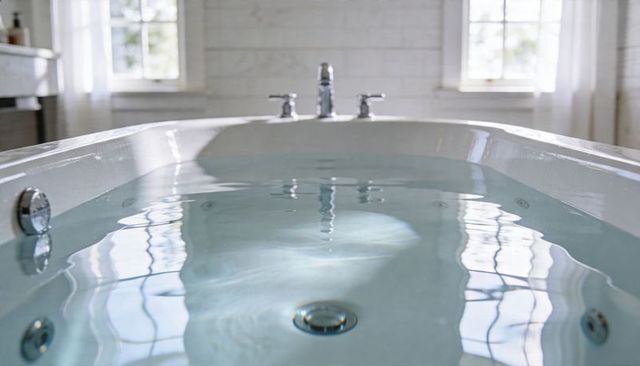 Light-filled jetted bathtub rippling with clear water, chrome faucet reflecting window
