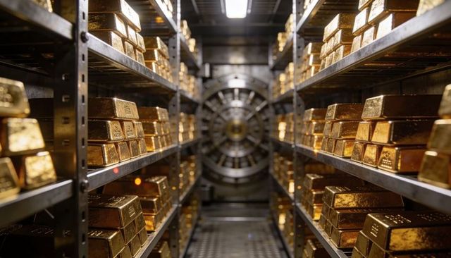 Shining gold bars lining secure bank vault with wheel-lock door and metal shelving