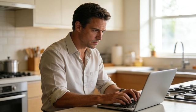 Focused man working on laptop in modern kitchen, remote work and productivity lifestyle