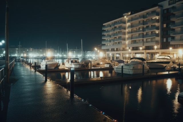 Port with sailing boats and buildings at night created using generative ai technology. Travel, sailing and seaside concept digitally generated image.
