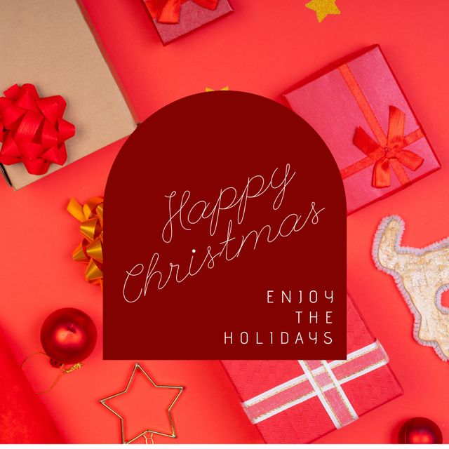 Ideal for sending Christmas and holiday wishes. Suitable for holiday greeting cards, invitations, and festive posters. Perfect for conveying joy and cheer during the holiday season. The bright red and gold setup enhances the festive atmosphere.