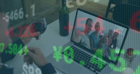 Virtual family gathering with wine and trading screen atmosphere