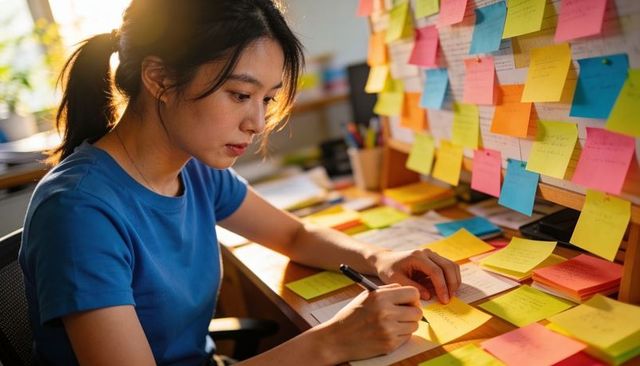 Young woman organizing colorful sticky notes at sunlit home desk for focused planning