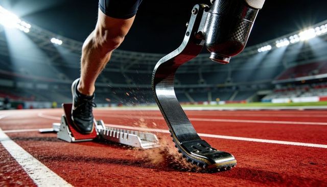 High-speed sprinter launching from start block with carbon fiber prosthetic blade under stadium ligh