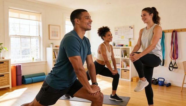 Group Performing Lunges in Bright Home Workout Studio for Strength Balance and Core Stability