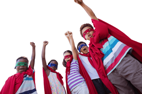 Joyful Kids in Superhero Costumes with Transparent Capes