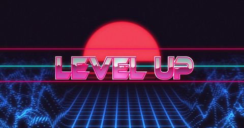 Retro Futuristic Level Up Message with Digital Grid