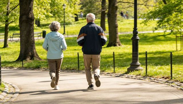 Active senior couple walking together on sunlit urban park path for healthy lifestyle and leisure