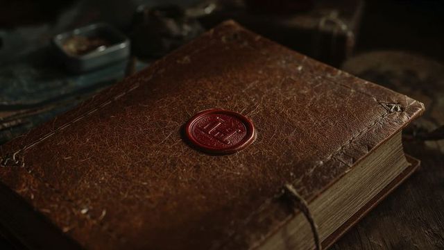 Vintage leather book with red wax seal on rustic table