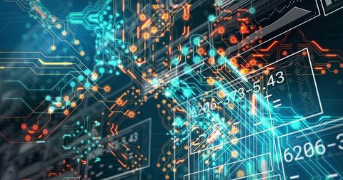Neon Circuit Network Visualizing Data Flow and AI Processing with Holographic Nodes