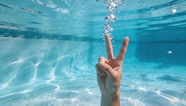 Hand Making Peace V Sign Underwater in Turquoise Pool with Rising Bubbles and Sunlit Ripples