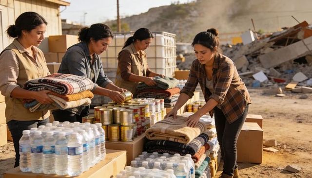 Volunteers sorting emergency supplies and folding blankets at disaster relief distribution