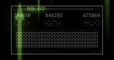 Displaying futuristic HUD panel with neon green readouts, waveforms and grid interface