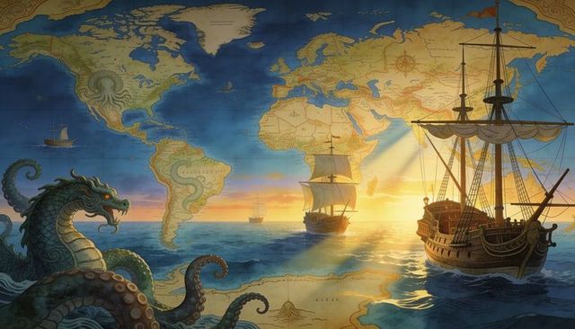 Sunlit galleons sailing across antique world map with rising kraken and golden sunset