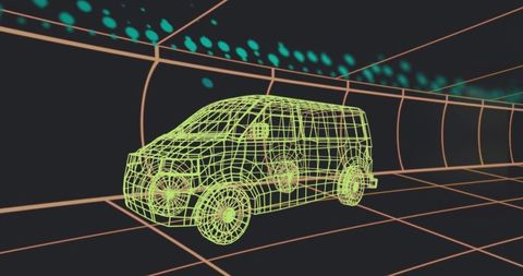 Neon Wireframe Van Rotating in Futuristic Virtual Tunnel with Grid Floor and Wire Wheels