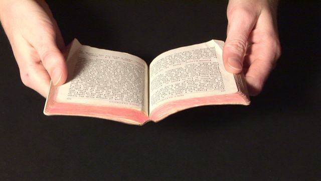 This video shows hands holding an open Bible with text visible against a dark background. Ideal for use in religious articles, faith blogs, spiritual devotion newsletters, and educational materials about Christianity or studying the Bible.