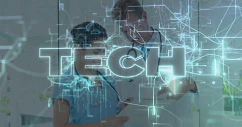 Healthcare professionals discussing technology solutions with digital interface