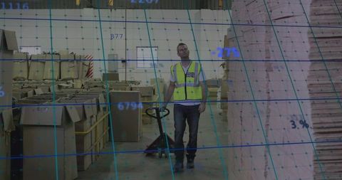 Warehouse worker moving pallets with pallet jack