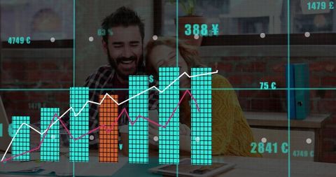 Joyful Couple Collaborating at Home Office with Digital Graph Overlay