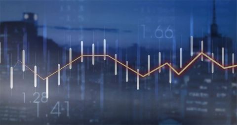 Financial Chart Overlay on City Skyline at Dusk