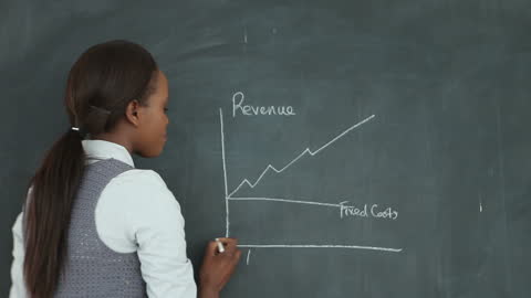 Teacher Analyzing Graph Trends on Blackboard in Classroom