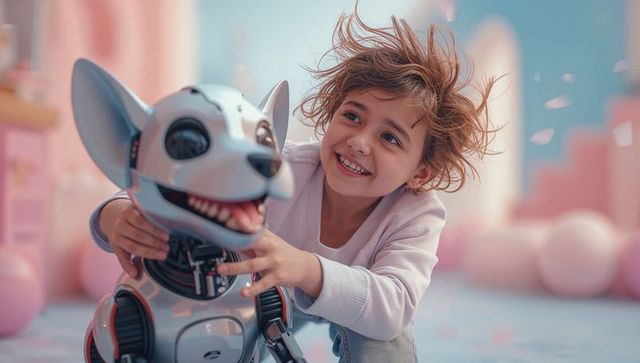 Joyful child engaging with robotic dog in pastel playroom