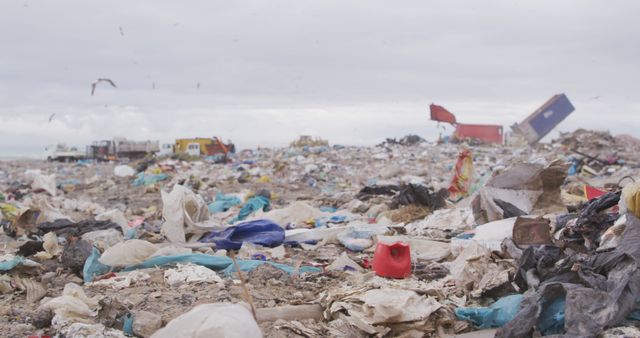 Massive landfill site displaying heaps of garbage and waste materials, with various trucks and containers in the background. Ideal for illustrating themes related to pollution, environmental issues, waste management, and recycling initiatives. Suitable for educational, editorial, and advocacy purposes addressing ecological sustainability or highlighting the impact of human consumption and waste disposal.