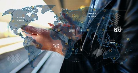 Business Professional Using Smartphone with Global Data Overlay