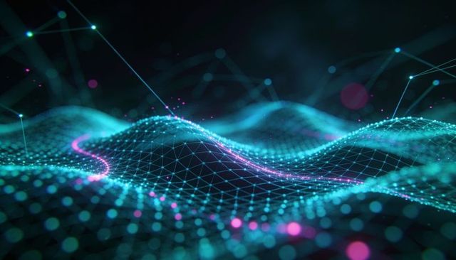 Neon data wave mesh: teal and magenta digital grid with glowing nodes and beams