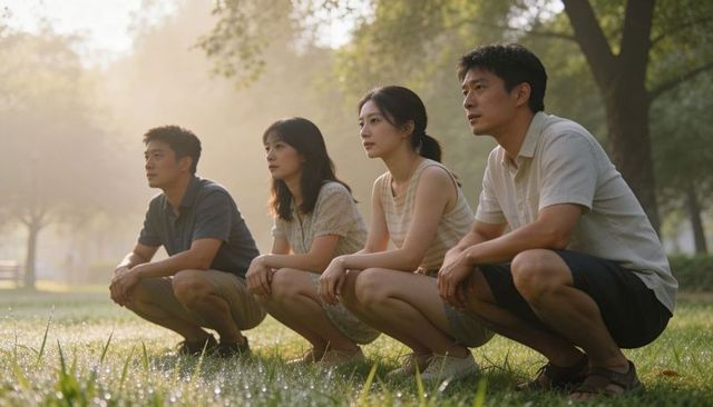 Crouching group of adults on dewy park lawn at golden morning light, summer outdoors moment