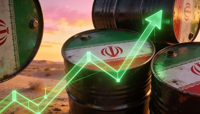 Rusty iranian oil barrels on desert dunes with neon upward trend arrow indicating surge
