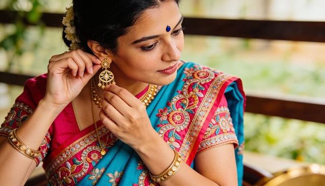 Indian woman fastening gold earring wearing turquoise sari with intricate embroidery