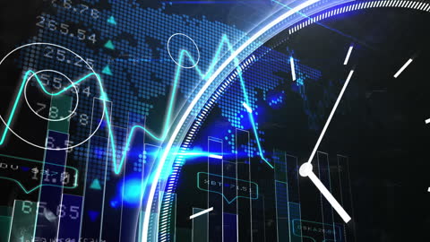 Digital Interface with Futuristic Clock and Data Graphs