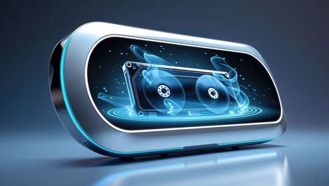 Futuristic gadget projecting holographic cassette with blue lights, home movies reimagined - Download Free Stock Images Pikwizard.com