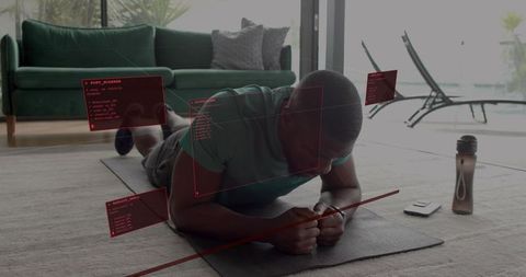 Man holding plank in living room with augmented reality fitness hud panels