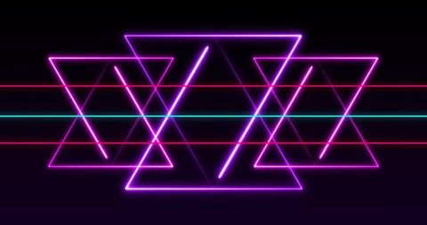 Glowing neon magenta triangle geometry with cyan and pink laser lines, retro synthwave