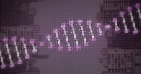 Futuristic DNA Helix with Magenta Nodes on Purple Grid Background