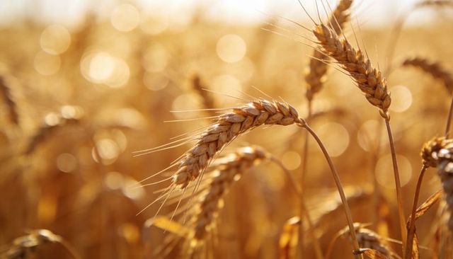 Ripening golden wheat ears glowing at golden hour, harvest close-up with bokeh