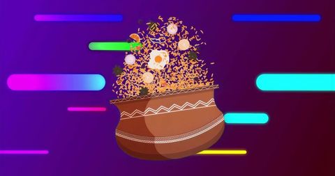 Bursting earthen pot releasing golden rice confetti and coins for festival celebration