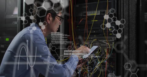 Businessman Analyzing Cloud Data in Modern Server Room