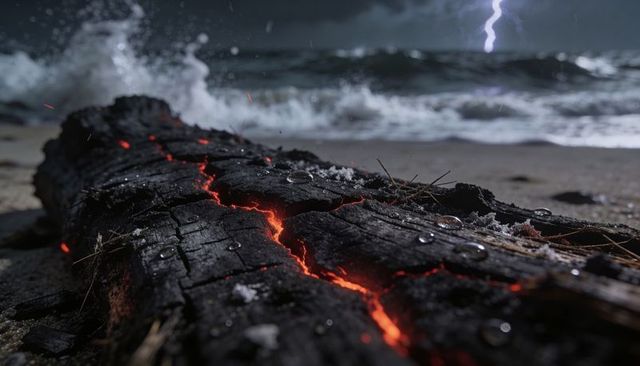Smoldering charred driftwood emitting glowing embers on stormy night beach