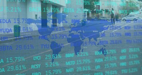Urban street displaying digital stock tickers and semi-transparent world map overlay