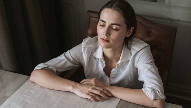 Young woman resting on table, contemplative portrait in natural light, minimalist mood