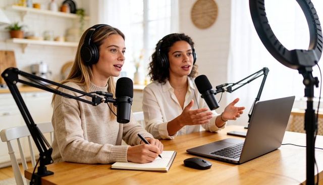 Two co-hosts recording home podcast with professional microphones headphones laptop and ring light