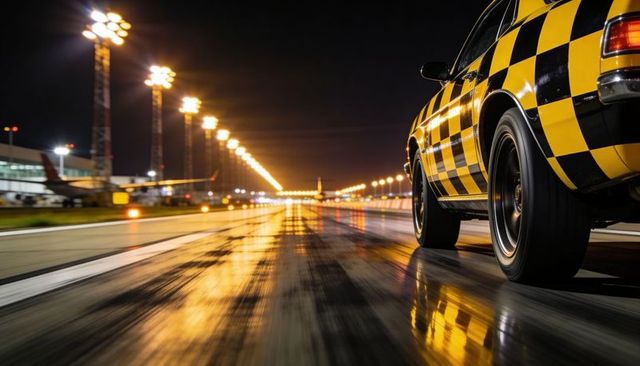 Night driving yellow checkered car on wet airport runway with motion blur and reflections