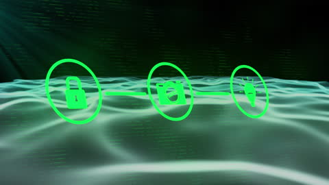 Green Tech Icons Floating on Digital Waves Background