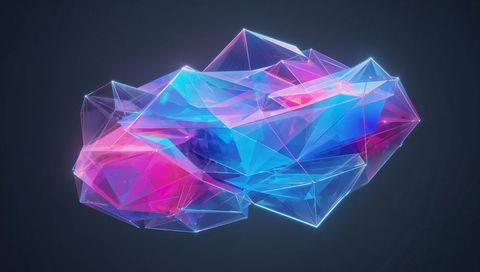 Glowing neon low poly crystal floating and refracting cyan magenta violet light