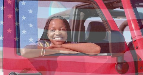 Patriotism and Freedom: African American Woman at Beach with USA Flag Overlay